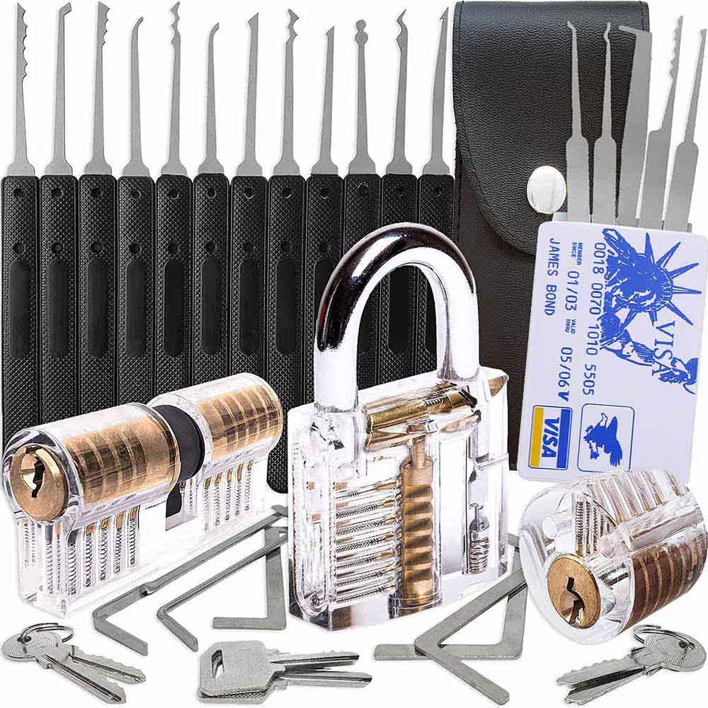 25-Piece Lock Pick Practice Kit with 3 Transparent Training Locks - product image